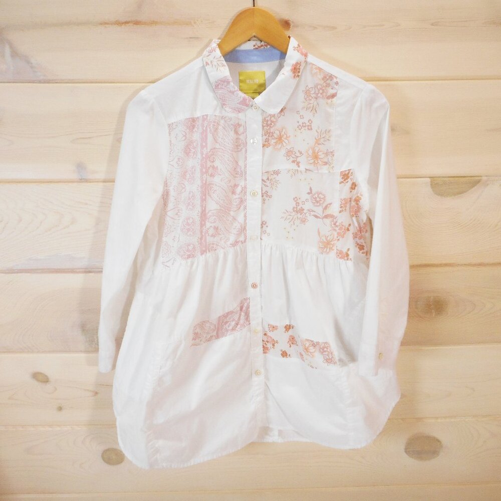 Maeve Button-up Blouse Size S White Mavis Patchwork Print Cotton Pockets